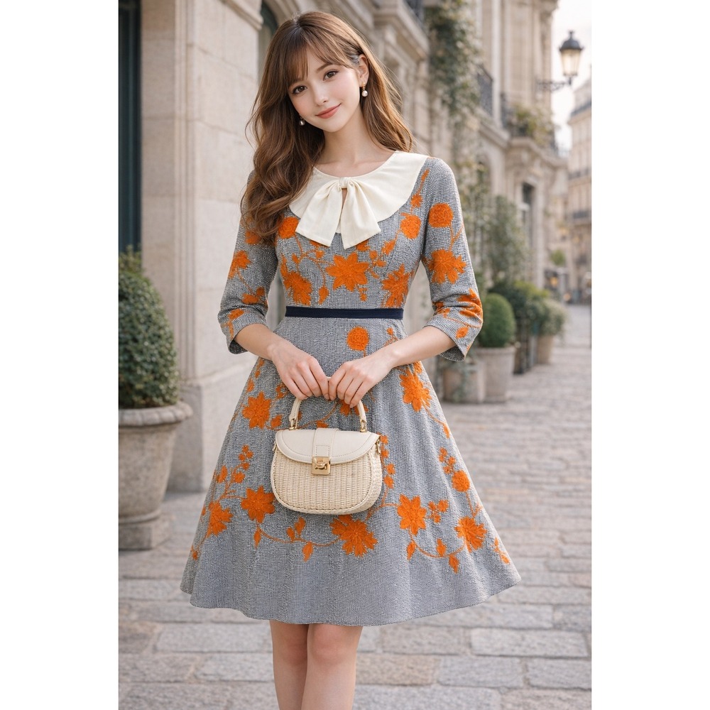 eShakti Swing Dress Bow Front Floral Houndstooth‎ Cottagecore Size S/6